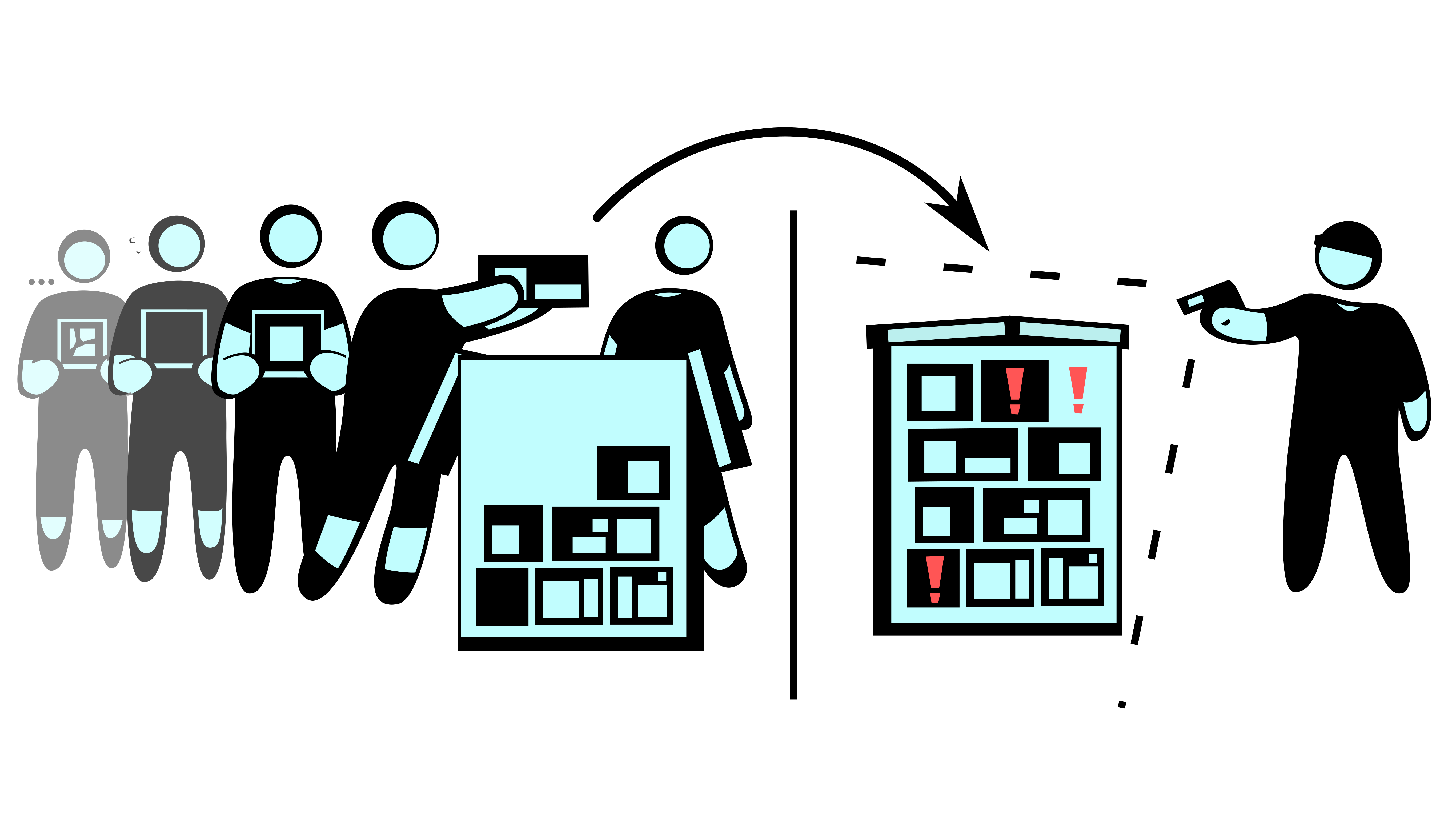 A two step process of people handing their issued items back into a box in a line, then a person with a scanner recording what items are inside the box. Some are missing, marked with an exclamation mark.
