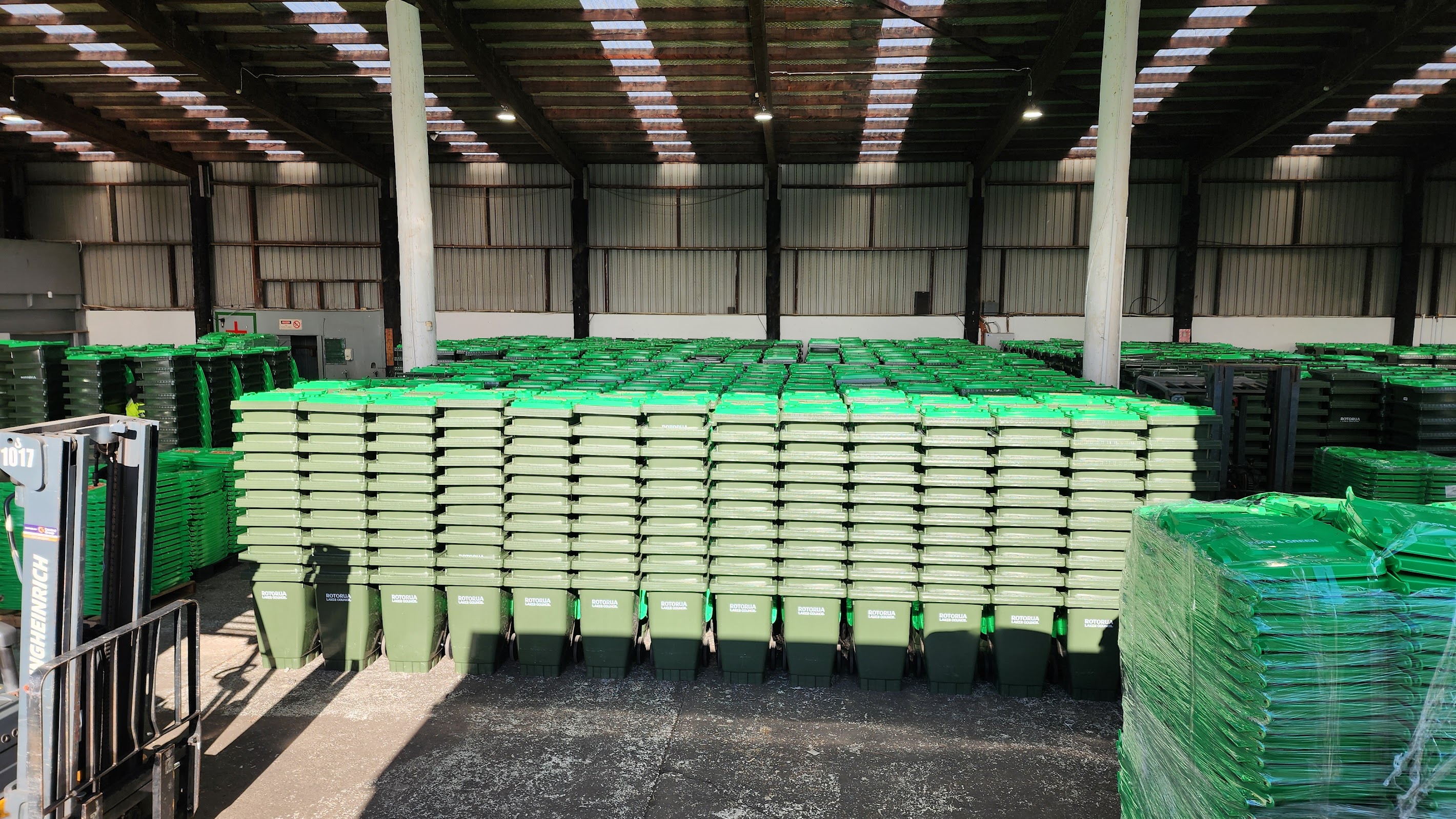 Stacks of bins prepared for registration and deployment.